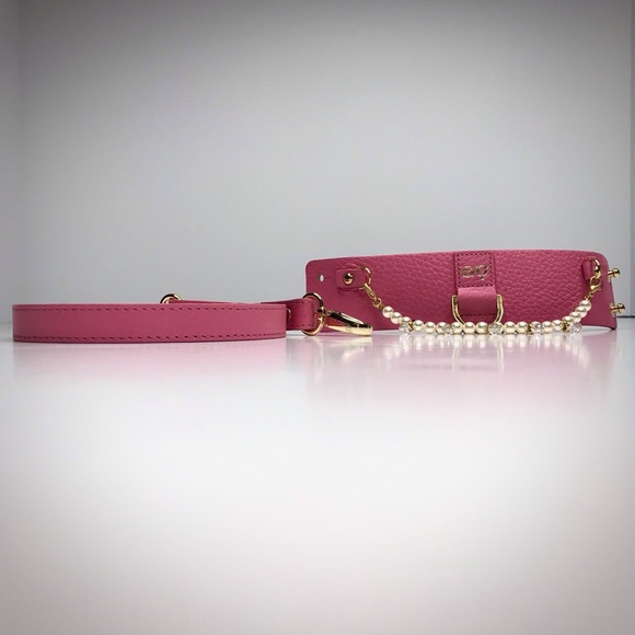 MOSHIQA Pink Leather Pearl Bracelet Dog Leash Crystal Cuff Luxury Pet Frenchie - Picture 6 of 15